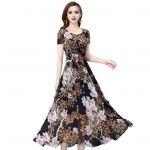 Vasarinė moteri&scaron;ka suknelė su gėlėmis spausdinta A linijos didelio apvado auk&scaron;tu juosmeniu trumpomis rankovėmis apvaliu kaklu, klostuota iki blauzdos vidurio, i&scaron;kilminga vakarėliui skirta vidutinio dydžio suknelė M ruda