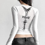 Y2K Europos ir Amerikos gatvėje marginti mar&scaron;kinėliai ilgomis rankovėmis apvaliu kaklu su bamba, liekninantiems ir liekninantiems moterims. S