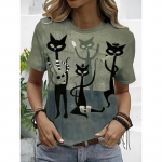 Moteri&scaron;ki mar&scaron;kinėliai Tee Cat Print Daily Casual trumpomis rankovėmis apvaliomis kaklo žalios spalvos vasara S