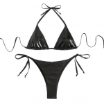 2 vnt./kompl. Moteri&scaron;kas seksualus bikini rinkinys, bronzinis pavir&scaron;ius, halter tipo liemenėlė, suvarstomi kelnaitės M juoda