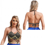 Moterų blizgučiai apkarpyti pilvo &scaron;okių liemenėlės vir&scaron;utinė moneta, apatinė kostiumų vir&scaron;utinė dalis, blizgučiai su kutu One Size juoda/auksas