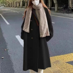 Rudens/žiemos naujas moteri&scaron;kas unisex vidutinio ilgio vilnonis paltas su dviguba briauna nuo vėjo S abrikosas