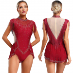Moteri&scaron;kas blizgantis cirkonio akmenėliais siūtas meninės gimnastikos aktyvios aprangos džiazas &scaron;okių apranga dailiojo čiuožimo triko su kutais sijonu M bordinė