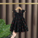 Girls' Camisole Dress Summer Dress Baby Girl's Stylish Flying Sleeve Floral Dress Korean Vest Princess Dress 90 juoda