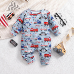 Naujagimio berniuko romperis ilgomis rankovėmis su animacinio transporto priemonės atspaudu 1-3M