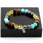 Pierres et Min&eacute;raux. Bracelet Perles Citrine + Oeil de Tigre + Turquoise + H&eacute;matite 8 mm. Fabriqu&eacute; en France.