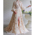 Eleganti&scaron;ka moteri&scaron;ka vakarėlio suknelė, oficiali apranga, liekninanti taliją, &scaron;ifono maksi ilga suknelė su auk&scaron;tu skeltuku, su blizgučių detalių dizainu, klasė M smėlis