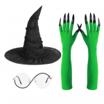 Raganos kostiumo aksesuarų rinkinys Juoda raganos skrybėlė Apvalaus rėmelio akiniai Žali nagų pir&scaron;tinės Rinkinys moterims Helovino Cosplay vaidmenų žaidimo vakarėliui 3pcs