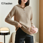 Fanzhen Women's Thickened 100% Wool Hooded Knit Sweater L