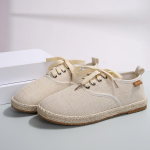 Madingos kvėpuojančios lininės laisvalaikio plok&scaron;čiapadės moteri&scaron;kos espadrilės, loaferiai, patogūs moteri&scaron;ki batai su &scaron;unų dantų ra&scaron;tu, drobės batai, mink&scaron;ti vairavimo bateliai 36 smėlis