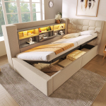 Apmu&scaron;alas Lova 90x190 cm Vienvietė, LED ap&scaron;vietimas, Hidraulinė saugykla, L formos galvūgalis, Apverčiama, Lamelių rėmas, Linas, Smėlio spalvos (Be čiužinio) 203 x 108 x 86 cm smėlis