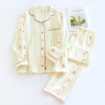 Moterų mink&scaron;tas medvilninis marlės pižamos komplektas - ilgomis rankovėmis ir kelnėmis, 100% dviguba marlė Double Extra Large (XXL) beige