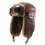 Unisex žieminė PU odos aviacinė kepurė su ausų apsauga &Scaron;ilta vėjui atspari pilotų kepurė &Scaron;altam orui Dark Khaki Hat with Goggle Strap black