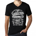 Vyri&scaron;ki vintažiniai mar&scaron;kinėliai su grafika, mar&scaron;kinėliai V formos i&scaron;kirpte, California Trading 1987, gilios juodos spalvos, baltas tekstas S juoda