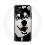 Coque iphone 13 pro chien husky noir et blanc yeux bleu
