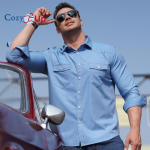 &bdquo;Cozy Up&ldquo; vyri&scaron;ki laisvalaikio darbo džinsiniai mar&scaron;kinėliai ilgomis rankovėmis, užsegami sagomis, plius dydis