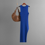 Moteri&scaron;ka rudens vintažinė seksuali, atvira nugara megztu dirželiu auk&scaron;tu juosmeniu plona, ​​skelta suknelė One Size pilka spalva