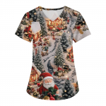 Moteri&scaron;ki madingi darbo drabužiai V formos i&scaron;kirpte trumpomis rankovėmis su ki&scaron;enėmis, kalėdiniai spaudiniai S chaki