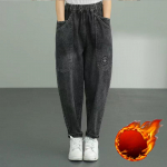 Rudens ir žiemos moteri&scaron;kos pamink&scaron;tintos ir pastorintos didelės ki&scaron;enės Laisvalaikio džinsai Laisvos haremo kelnės 2XL juoda