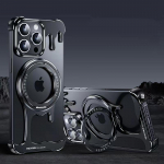 Skirtas iPhone 16 15 14 13 Pro Max berėmiui dėklui Prabangus skysto metalo Magsafe buferis automobilio magnetinis stovas belaidžio įkrovimo telefono dangtelis For iPhone 16 Pro Max juoda