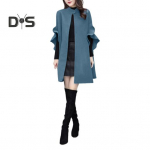 Moteri&scaron;kas žieminis paltas, žiedlapis, rankovės, stovas, apykaklė, A-linijos kepuraitė, atviro dygsnio kardiganas, vidutinio ilgio, lauko vilnonis paltas pončo L mėlyna