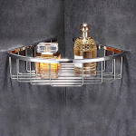 Nerūdijančio plieno kampinis du&scaron;o krep&scaron;ys su kabliukais ir horizontalia juosta vonios kambario daiktams laikyti