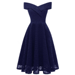 Elenas moteri&scaron;ka suknelė su apvyniojamu priekiu, atidengtais pečiais, Bardot stiliaus, gėlėtais nėriniais, klostuota, midi ilgio, vakarėliui, i&scaron;leistuvėms, kokteiliams, oficialiam renginiui, pamergaitei, vestų svečiui, progai M tamsiai mėlyna spalva