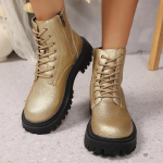Madingi auksiniai PU odiniai platforminiai ankle boots moterims, su storu padu, rai&scaron;teliais, rudos spalvos short boots moteriai, rudens, žiemos, stambiu kulnu, trumpi batai 43 auksas