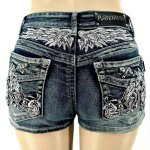 Moteri&scaron;ki motociklininko &scaron;ortai su sparnų kniedėmis, siuvinėti, Y2k vintažiniai goti&scaron;ki kar&scaron;tos merginos seksualių plautų džinsinių &scaron;ortų žemu liemeniu mini džinsai XXL mėlyna