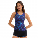 Moterų mėlynas lapų ra&scaron;to racerback tankini dviejų dalių maudymosi kostiumas su &scaron;ortais 3XL mėlyna