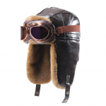 Unisex žieminė PU odos aviacinė kepurė su ausų apsauga &Scaron;ilta vėjui atspari pilotų kepurė &Scaron;altam orui Coffee Hat with Goggle Strap black