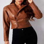Moteri&scaron;ka &bdquo;Noora&ldquo; įdegio ruda ėriuko odos striukė, &bdquo;Cropped Biker Western&ldquo; odinė striukė XXL ruda/gelsvai ruda