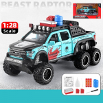 1/28 mastelio Ford Raptor F150 6X6 pikapas sunkvežimių sunkvežimių dyzelinis automobilio modelio žaislas, patraukiama atgal žaislinė transporto priemonė su garsu ir &scaron;viesa, skirta vaikams, mažiems vaikams dovanų kolekcija 1/28-21.5x10.5x9.5cm mėlyna