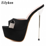 Eilyken Fashion Design Crystal Metal Decoratio Platformos &scaron;lepetės moteri&scaron;kos vasaros Seksualūs ploni auk&scaron;takulniai naktinio klubo striptizo batai