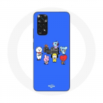 Coque pour Xiaomi Redmi Note 11 4G BTS BT21 Tata Chimmy Cooky Rj Koya Shooky Et Mang Jouent De la musique Fond Bleu