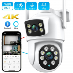 Nauja ES 4K 8MP PTZ WIFI kamera Dviejų objektyvų dvigubo ekrano 4X skaitmeninio priartinimo IP kamera 4MP HD automatinio sekimo lauko vaizdo stebėjimo ICSee programa