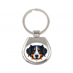 Bernese Mountain Dog, Berner Sennenhund - geometric keychain with a photo and the inscription Art-Dog balta