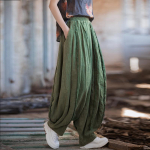 Moteri&scaron;kos vintažinės &bdquo;Ramie Bloomers&ldquo; kelnės elastiniu juosmeniu vientisos spalvos laisvos pavasarinės moteri&scaron;kos ilgos kelnės One Size žalia