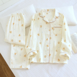 Moterų mink&scaron;tas medvilninis marlės pižamos komplektas - ilgomis rankovėmis ir kelnėmis, 100% dviguba marlė Large (L) beige