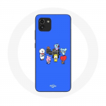 Coque pour Samsung Galaxy A03 BTS BT21 Tata Chimmy Cooky Rj Koya Shooky Et Mang Jouent De la musique Fond Bleu mėlyna
