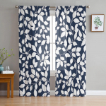 Tamsiai mėlyna lapų vijoklio ra&scaron;to Mann tekstūros miegamojo permatomos užuolaidos, &scaron;ventinė dekoracija, lango voilo tiulio užuolaida 135W x 114H(cm)