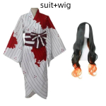 Anime Demon Slayer Kimetsu No Yaiba Kamado Nezuko Cosplay Kostiumas Perukas Mediniai klumpės Baltos kraujo dėmės Kimono Helovino Uniforma Kostiumas L-(Costume+Wig) gray
