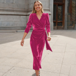 Moteri&scaron;ka pavasarinė vakarinė suknelė ilgomis rankovėmis eleganti&scaron;ka V formos i&scaron;kirptė A linijos auk&scaron;to juosmens diržas, ilgos aksominės vienspalvės suknelės