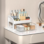 Stalčių papuo&scaron;alų makiažo laikymo dėžutė Didelės talpos skaidri makiažo laikymo dėžutė Daugiasluoksnis daugiafunkcis darbastalio tvarkytuvas 2layer-22x16.5x13.5cm balta