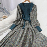 Velvelinės gėlėtos moteri&scaron;kos suknelės Vintažinės megztos kratinys Vestidos Saldi korėjieti&scaron;ka ilga suknelė A formos