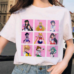 Sailor Moon Cat Estetiniai moteri&scaron;ki Grunge mar&scaron;kinėliai Moteri&scaron;ki Kawaii mar&scaron;kinėliai Korėjos Ulzzang Moteri&scaron;ki trumpi L balta
