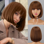 Sintetinis trumpas Bob tiesus perukas su kirpčiukais Ombre rudi juodo pluo&scaron;to perukai moterims kasdieniam dėvėjimui Cosplay 25 CM