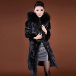 Moterų rudens ir žiemos kailio imitacijos audinės kailio didelis paltas, didelio dydžio kailio apykakle vidutinio ilgio kailis 3XL juoda