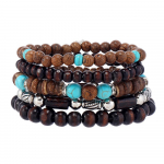 Bohemi&scaron;kos rankų darbo apyrankės su karoliukais Vyri&scaron;ki vintažiniai kelių sluoksnių elastiniai siūlai mediniai karoliukai kokoso kevalų kraunamos rankų priedai Men's bracelet.