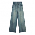 Moteri&scaron;ki džinsai auk&scaron;tu juosmeniu užtrauktuku Užsegimas Vienspalvis Laisvas Plačios Kojos Ilgis Iki Grindų Ilgis Retro Distressed Tiesios Ki&scaron;enės Mink&scaron;tos Spalvotos Moteri&scaron;kos Džinsinės Kelnės L mėlyna